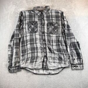 XXX Rude Shirt Mens Large Black Gray Plaid Long Sleeve Button Up READ